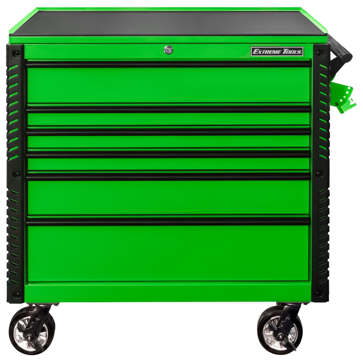extreme-tools-EX-professional-series-41inch-6-drawer-open-top-tool-cart-with-PVC-coated-work-surface-lime-green-with-black-drawer-pulls-EXTEX4106TCGNBK.png Extreme Tools 41” 6-Drawer Professional Tool Cart with Open Top, Power Tool Rack & Heavy-Duty Steel Build – Lime Green/Black (EX4106TCGNBK) - Image 1