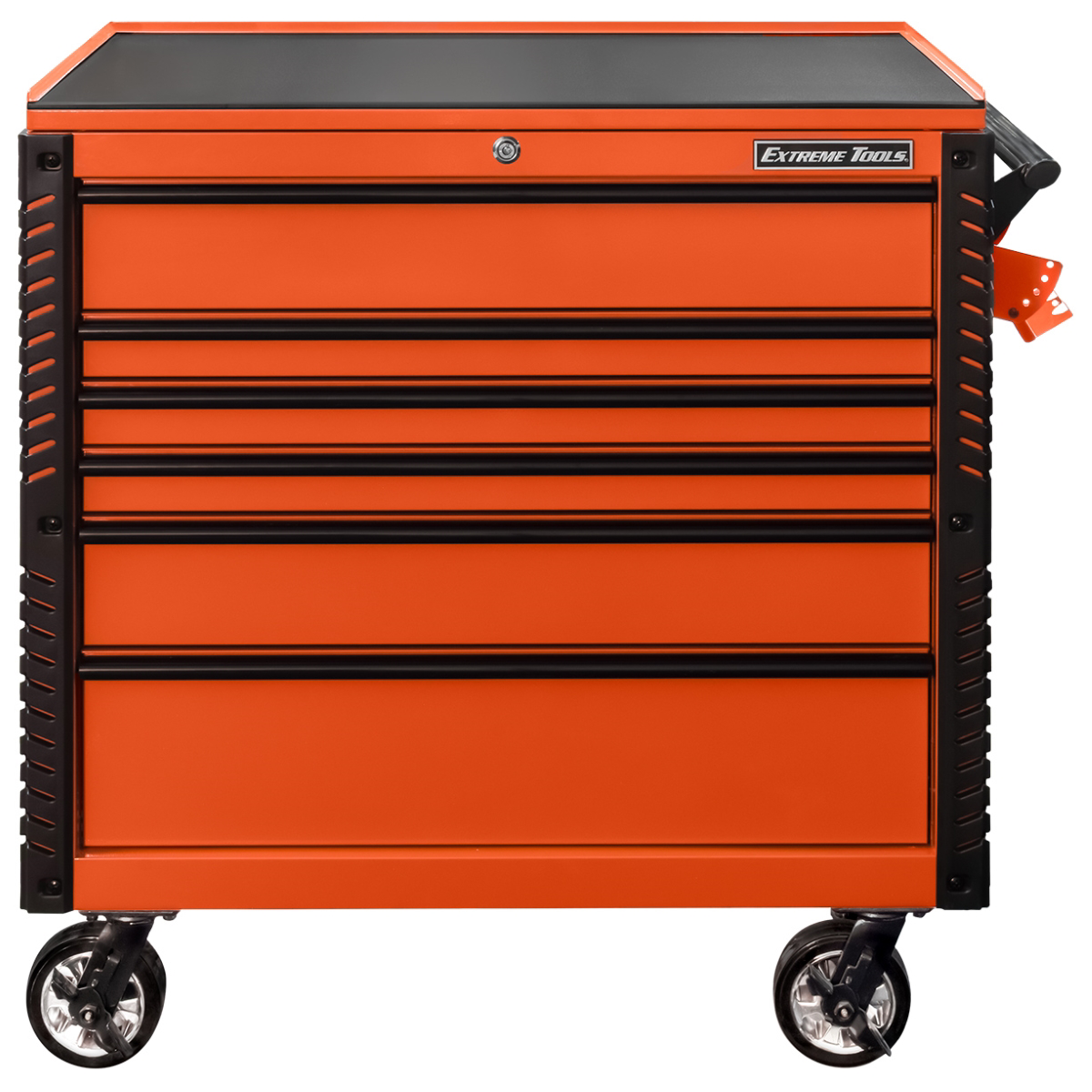 extreme-tools-EX-professional-series-41inch-6-drawer-open-top-tool-cart-with-PVC-coated-work-surface-orange-with-black-drawer-pulls-EXTEX4106TCORBK.png Extreme Tools EX Professional Series 41" Open Top Tool Cart with PVC-coated work surface 6 Drawer Orange/Black Heavy Duty - Image 1
