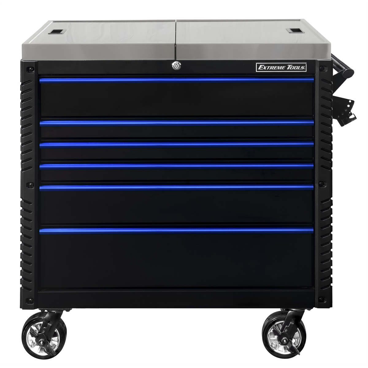extreme-tools-EX-professional-series-41inch-6-drawer-sliding-top-tool-cart-with-stainless-steel-work-surface-black-with-blue-drawer-pulls-EXTEX4106TCSBKBL.png Extreme Tools EX Professional Series 41" 6 Drawer Sliding Top Tool Cart – Stainless Steel Work Surface (Black with Blue Drawer Pulls) - Image 1
