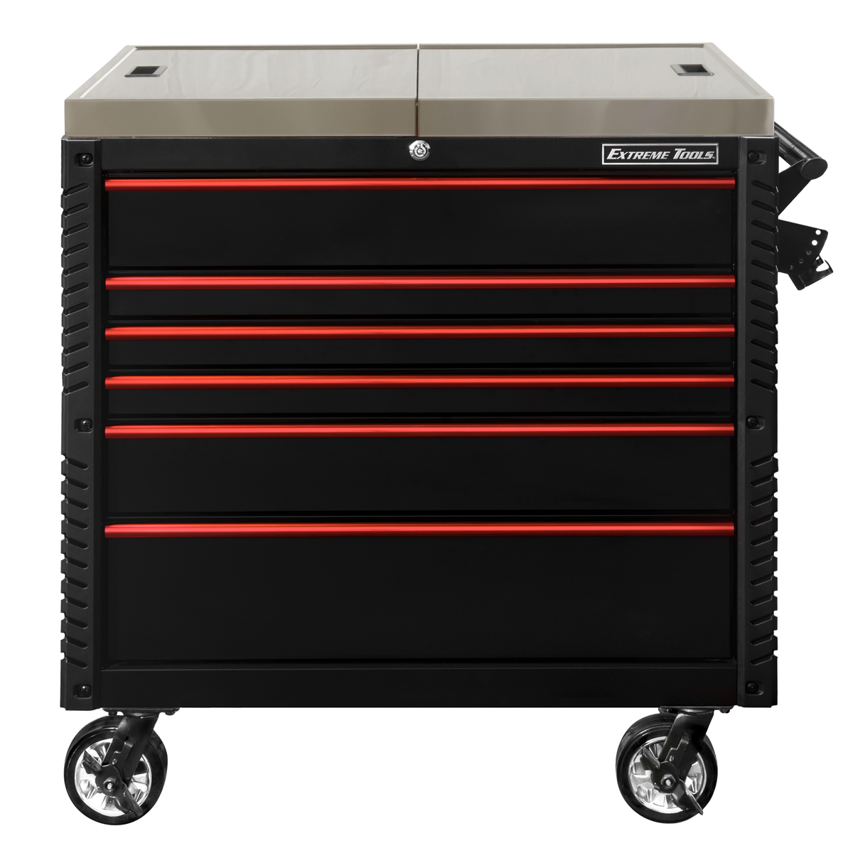 extreme-tools-EX-professional-series-41inch-6-drawer-sliding-top-tool-cart-with-stainless-steel-work-surface-black-with-red-drawer-pulls-EXTEX4106TCSBKRD.png Extreme Tools EX Professional Series 41" 6 Drawer Sliding Top Tool Cart – Stainless Steel Work Surface (Black with Red Drawer Pulls) - Image 1