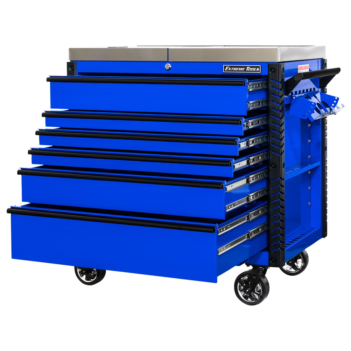 extreme-tools-EX-professional-series-41inch-6-drawer-sliding-top-tool-cart-with-stainless-steel-work-surface-blue-with-black-drawer-pulls-EXTEX4106TCSBLBK.png Extreme Tools EX Professional Series 41" 6 Drawer Sliding Top Tool Cart – Stainless Steel Work Surface (Blue with Black Drawer Pulls) - Image 1