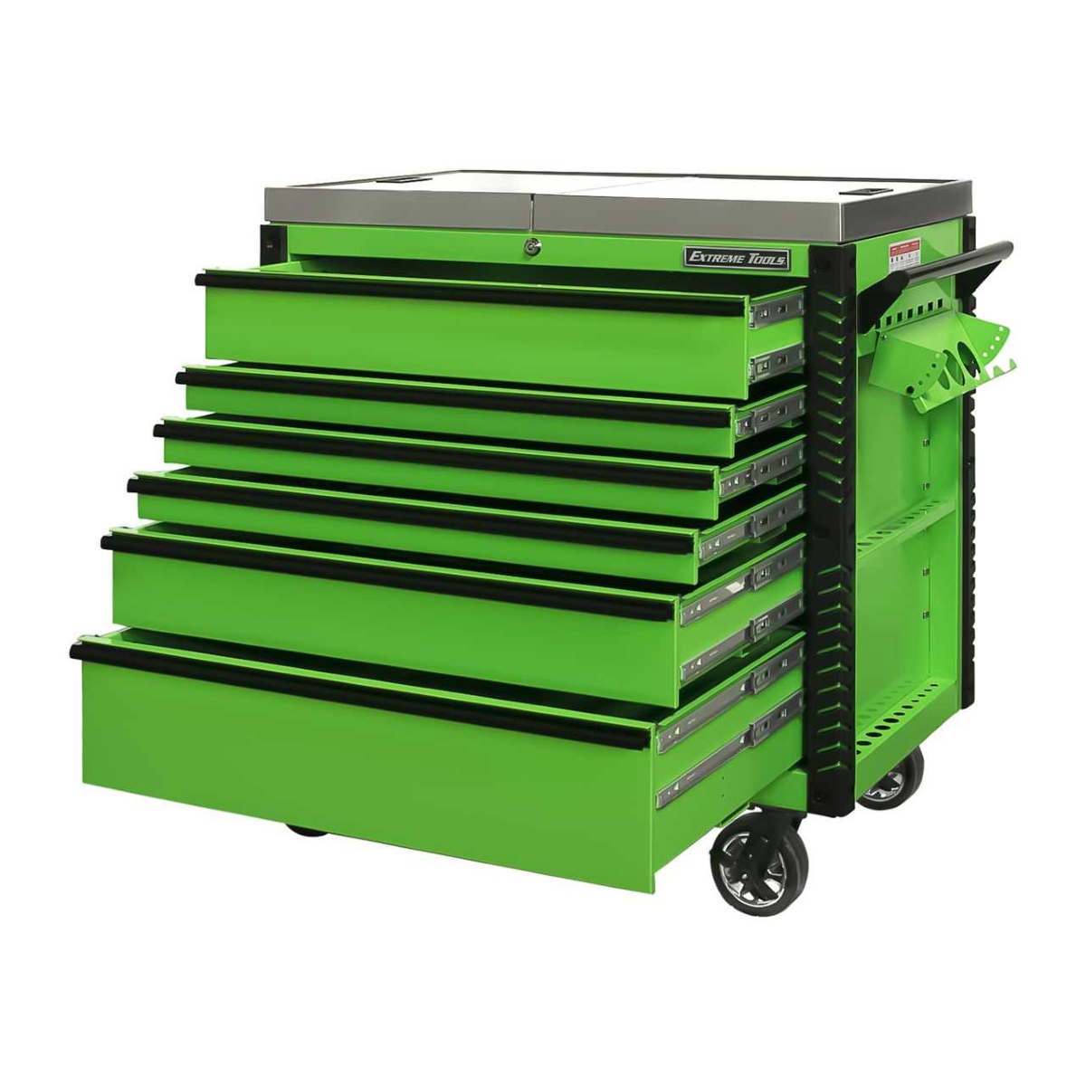 extreme-tools-EX-professional-series-41inch-6-drawer-sliding-top-tool-cart-with-stainless-steel-work-surface-lime-green-with-black-drawer-pulls-EXTEX4106TCSGNBK.png Extreme Tools EX Professional Series 41" 6 Drawer Sliding Top Tool Cart – Stainless Steel Work Surface (Lime Green with Black Drawer Pulls) - Image 1