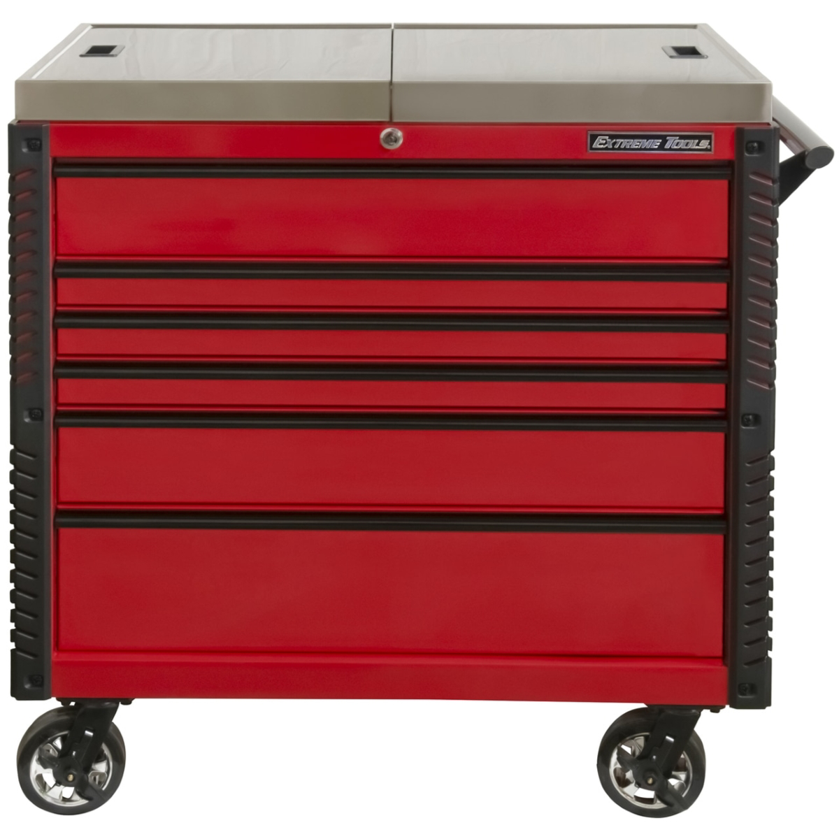 extreme-tools-EX-professional-series-41inch-6-drawer-sliding-top-tool-cart-with-stainless-steel-work-surface-red-with-black-drawer-pulls-EXTEX4106TCSRDBK.png Extreme Tools EX Professional Series 41" 6 Drawer Sliding Top Tool Cart – Stainless Steel Work Surface (Red with Black Drawer Pulls) - Image 1