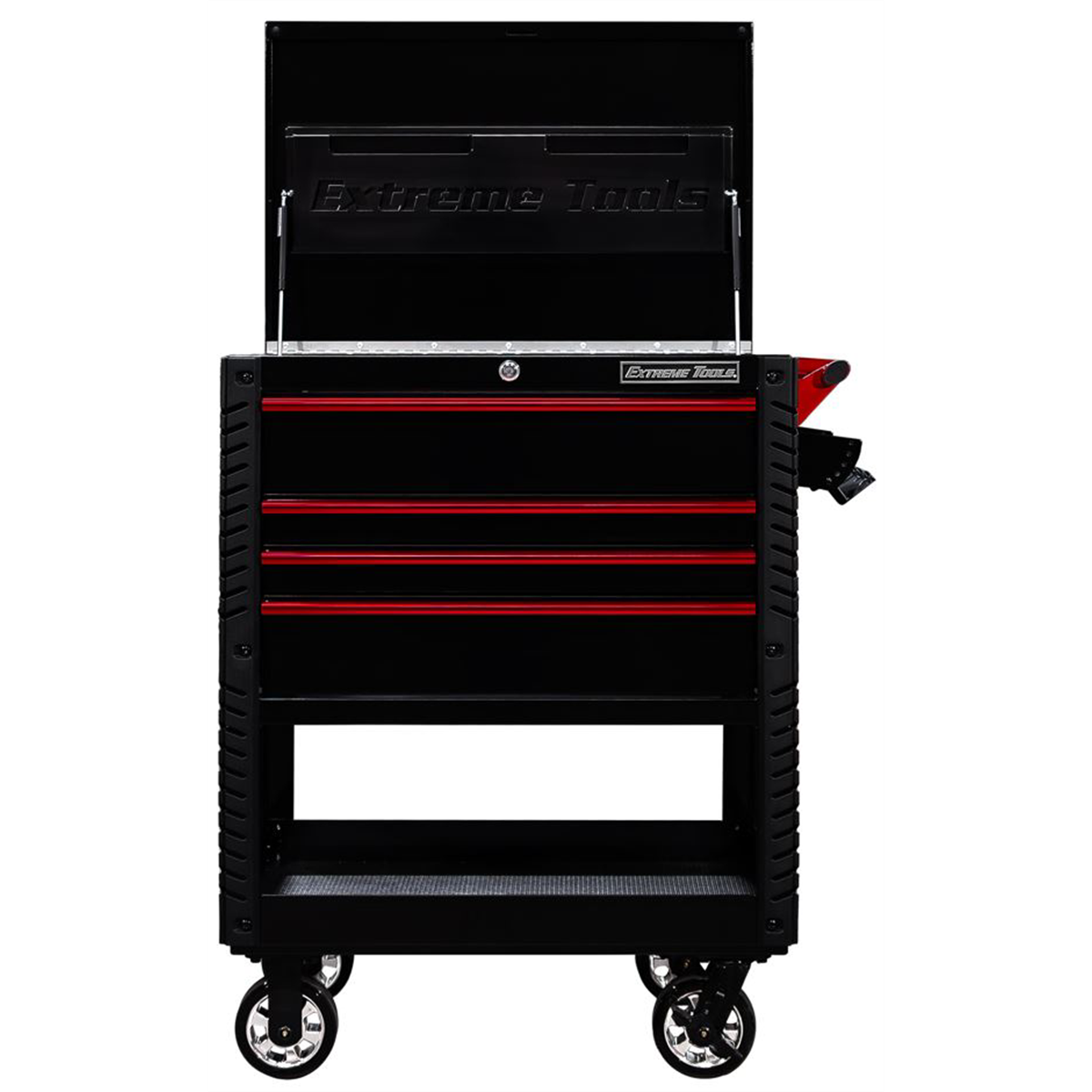 extreme-tools-EX-tool-cart-series-33inch-W-x-23inch-D-4-drawer-deluxe-tool-cart-with-bumpers-black-with-red-quick-release-drawer-pulls-EXTEX3304TCBKRD.png Extreme Tools 33” W x 23'' D Deluxe Tool Cart with 4 Drawers, Lockable Casters & Quick Release Pulls – Heavy Duty Rolling Tool Storage (Black/Red) EXTEX3304TCBKRD - Image 1