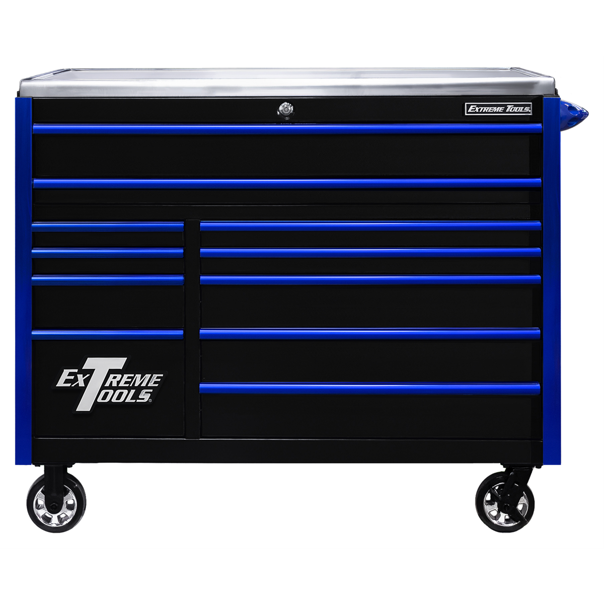 extreme-tools-EXQ-series-55-inch-W-x-30inch-D-11-drawer-professional-roller-cabinet-black-with-blue-EX-quick-release-drawer-pulls-EXTEX5511RCQBKBL.png Extreme Tools EXQ Series 55"W x 30"D 11 Drawer Professional Roller Cabinet Black with Blue EX Quick Release Drawer Pulls EXTEX5511RCQBKBL - Image 1
