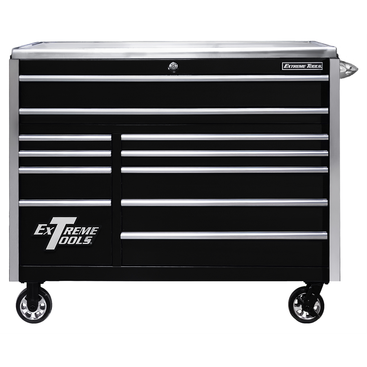 extreme-tools-EXQ-series-55inW-x-30inD-11-drawer-professional-roller-cabinet-300lbs-slides-black-with-chrome-EX-quick-release-drawer-pulls-and-trim-EXTEX5511RCQBKCR.png Extreme Tools EXQ Series 55” Professional Roller Cabinet – 11 Drawer Tool Chest with Stainless Steel Top (Black/Chrome) EXTEX5511RCQBKCR - Image 1