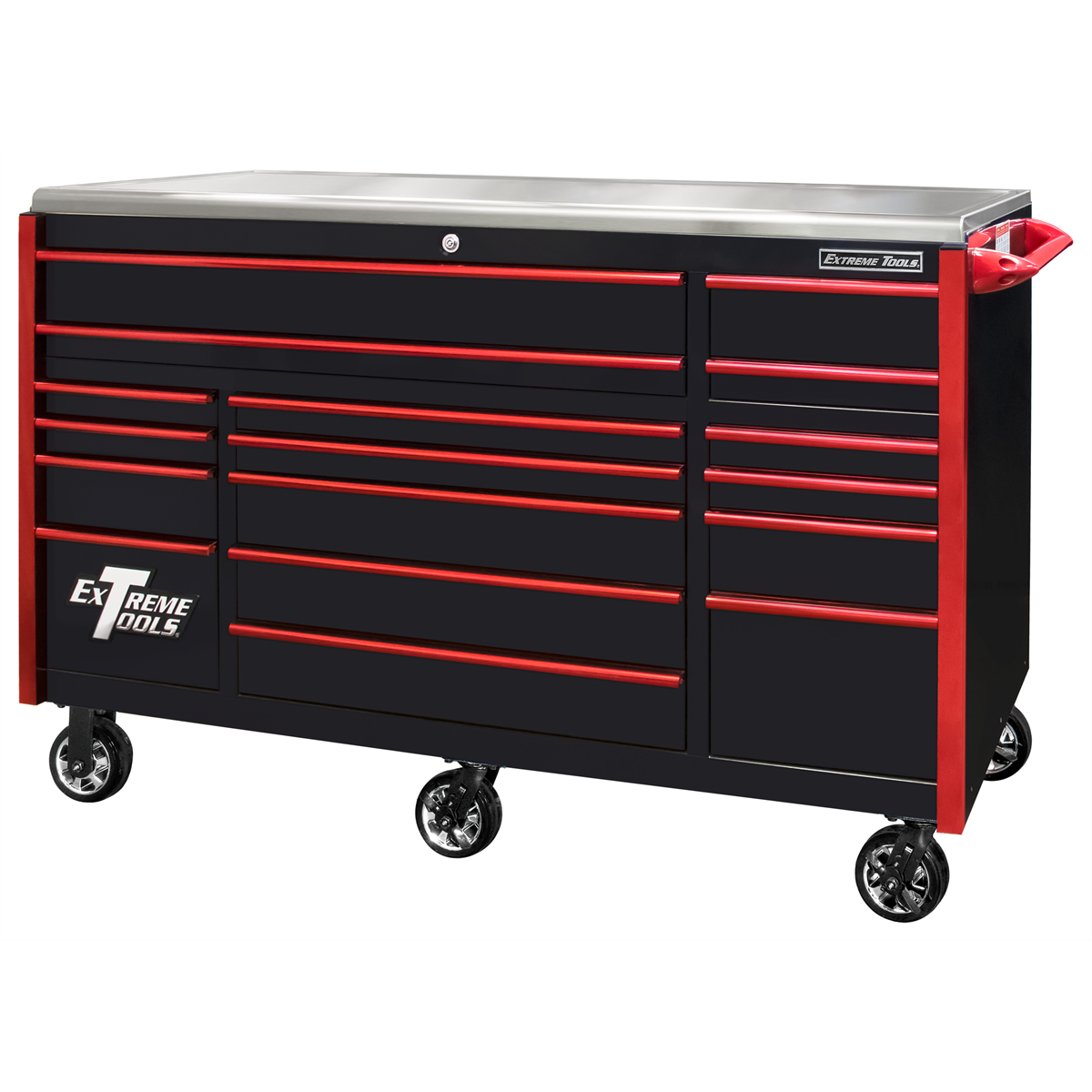 extreme-tools-EXQ-series-72inch-W-x-30inc-D-17-drawer-pro-triple-bank-roller-cabinet-black-with-red-quick-release-drawer-pulls-EXTEX7217RCQBKRD.png Extreme Tools EXQ Series 72” 17-Drawer Triple Bank Roller Cabinet – Heavy-Duty Tool Chest w/ Stainless Steel Top, Black/Red EXTEX7217RCQBKRD - Image 1