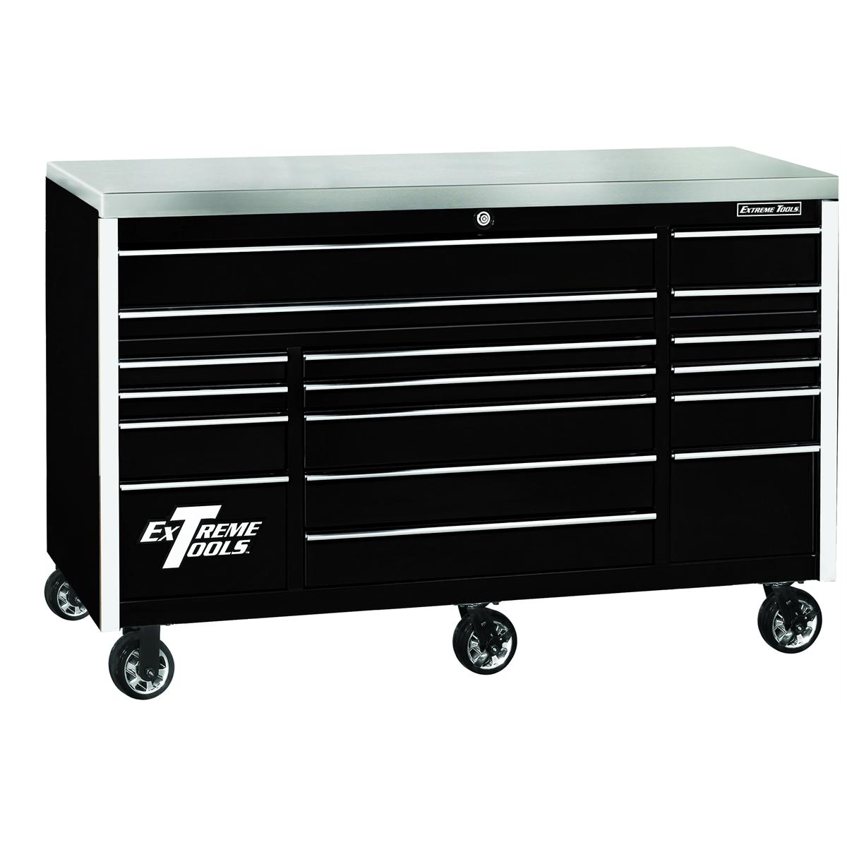 extreme-tools-EXQ-series-72inch-W-x-30inch-D-17-drawer-pro-triple-bank-roller-cabinet-black-with-chrome-quick-release-drawer-pulls-EXTEX7217RCQBKCR.png Extreme Tools EXQ Series 72” 17-Drawer Triple Bank Roller Cabinet – Heavy-Duty Tool Chest w/ Stainless Steel Top (Black/Chrome) EXTEX7217RCQBKCR - Image 1