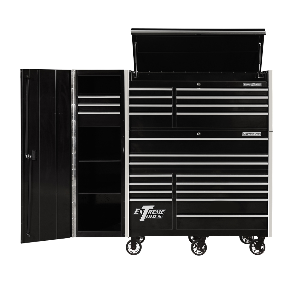 extreme-tools-RX-series-55in-W-x-25in-D-professional-extreme-power-workstation-hutch-12-drawer-roller-cabinet-150-lbs-slides-and-19in-3-drawer-side-locke-combo-black-w-chrome-Dr-pulls.png Extreme Tools RX Series 55” Power Workstation Hutch – Steel Tool Storage with USB & Power Strip (Black/Chrome) EXTRX55HRSKC - Image 1