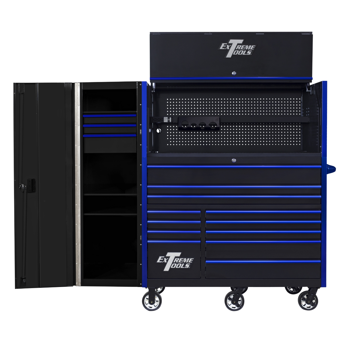 extreme-tools-RX-series-55in-W-x-25in-D-professional-extreme-power-workstation-hutch-12-drawer-roller-cabinet-150-lbs-slides-and-19in-3-drawer-side-locker-combo-black-w-blue-Dr-pulls.png Extreme Tools RX Series 55” Power Workstation Hutch – Steel Tool Storage with USB & Power Strip (Black/Blue) EXTRX55HRSKU - Image 1