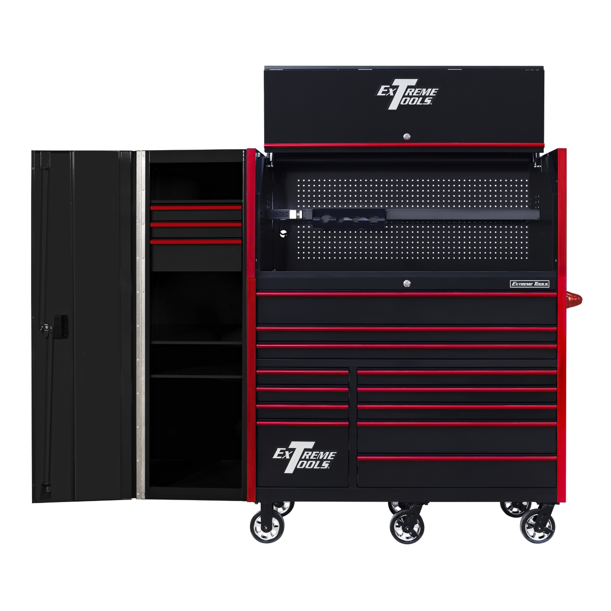 extreme-tools-RX-series-55in-W-x-25in-D-professional-extreme-power-workstation-hutch-12-drawer-roller-cabinet-150-lbs-slides-and-19in-3-drawer-side-locker-combo-black-w-red-Dr-pulls-E.png Extreme Tools RX Series 55” Power Workstation Hutch – Steel Tool Storage with USB & Power Strip (Black/Red) EXTRX55HRSKR - Image 1