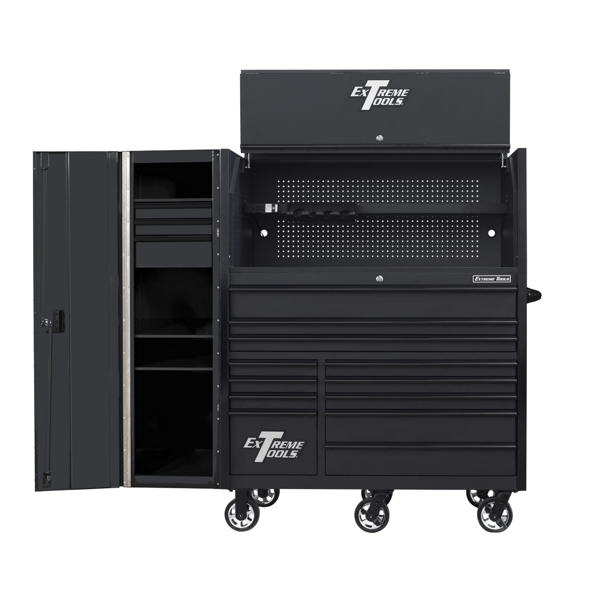 extreme-tools-RX-series-55in-W-x-25in-D-professional-extreme-power-workstation-hutch-12-drawer-roller-cabinet-150-lbs-slides-and-19in-3-drawer-side-locker-combo-matte-black-Dr-pulls-E.png Extreme Tools RX Series 55” Power Workstation Hutch – Steel Tool Storage with USB & Power Strip (Matte Black/Black) EXTRX55HRSMK - Image 1