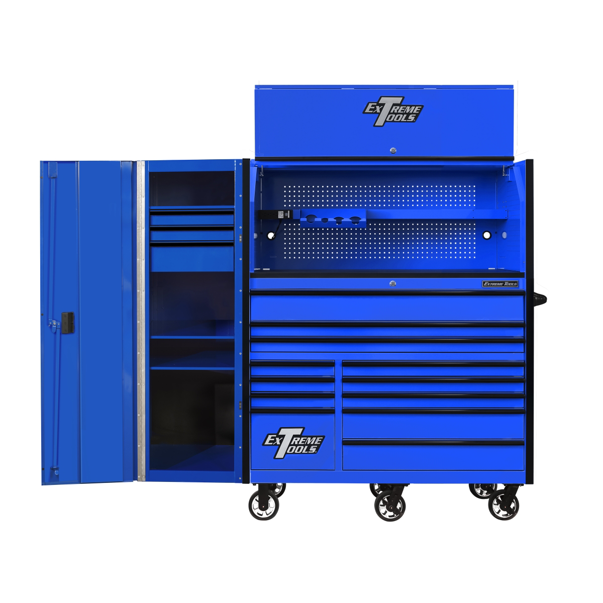 extreme-tools-RX-series-55in-W-x-25in-D-professional-extreme-power-workstation-hutch-12-drawer-roller-cabinet-150lbs-slides-and-19in-3-drawer-side-locker-combo-blue-w-black-Dr-pulls-E.png Extreme Tools RX Series 55” Professional Tool Cabinet Combo – Hutch, 12-Drawer Roller Cabinet & 3-Drawer Side Locker (Blue/Black) EXTRX55HRSUK - Image 1
