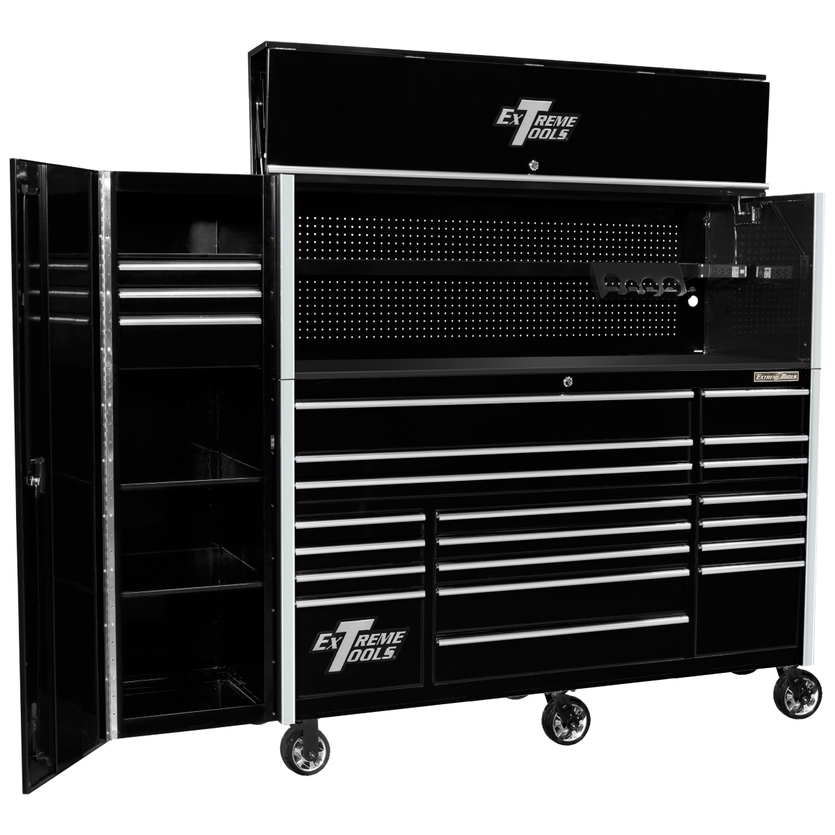 extreme-tools-RX-series-72in-W-x-25in-D-professional-extreme-power-workstation-hutch-19-drawer-roller-cabinet-150lbs-slides-and-19in-3-drawer-side-locker-combo-black-chrome-Dr-pulls-E.png Extreme Tools RX Series 72" Pro Workstation Combo – 19-Drawer Cabinet & Hutch (Black/Chrome Pulls, 25" Depth) EXTRX7225HRSKC - Image 1