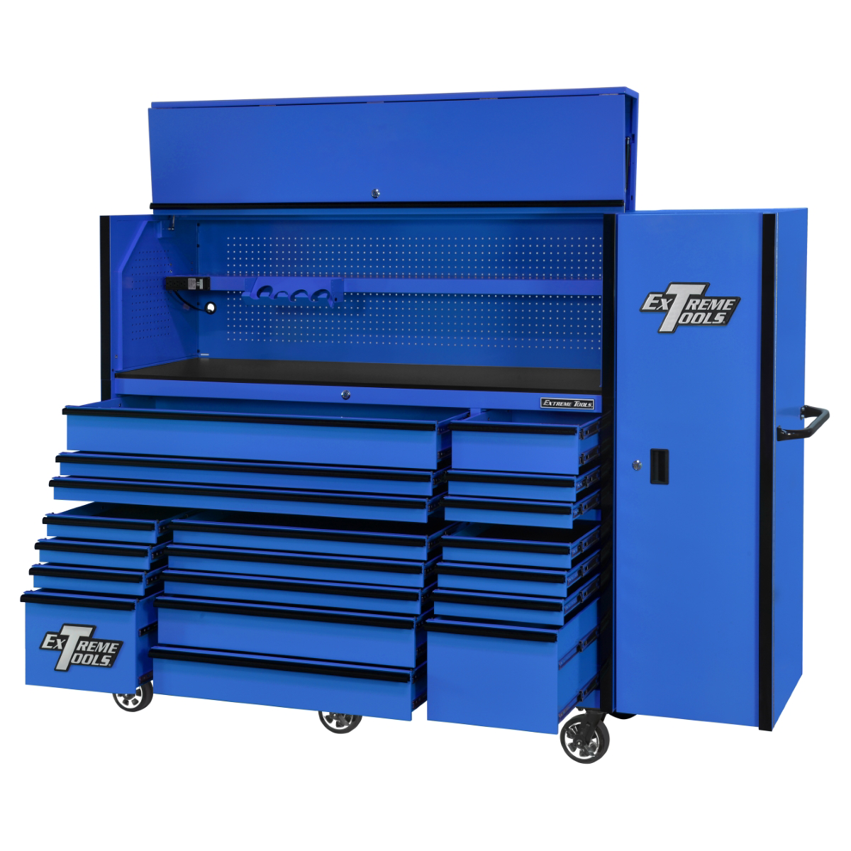 extreme-tools-RX-series-72in-W-x-30in-D-professional-extreme-power-workstation-hutch-19-drawer-roller-cabinet-250lbs-slides-and-19in-3-drawer-side-locker-combo-blue-w-black-Dr-pulls-E.png Extreme Tools RX Series 72" Workstation Combo – 19-Drawer Cabinet, Hutch & Side Locker (Blue/Black) EXTRX7230HRSUK - Image 1