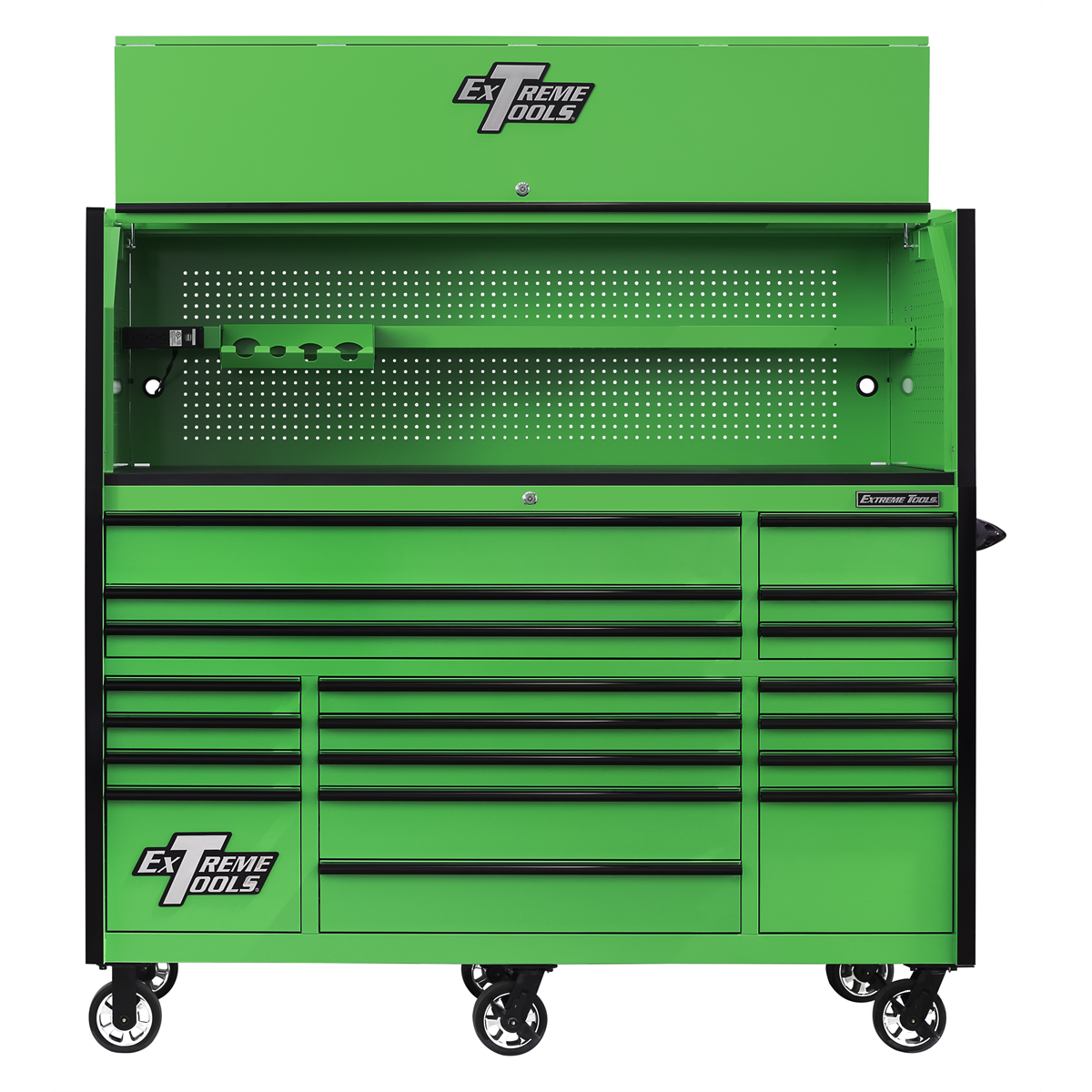 extreme-tools-RX-series-72inch-W-x-30inch-D-pro-hutch-_-19drawer-roller-cabinet-combo-green-w-black-drawer-pulls-EXTRX723020HRGK.png Extreme Tools RX Series 72" Pro Workstation Combo – 19-Drawer Cabinet & Hutch (Green/Black Pulls) EXTRX723020HRGK - Image 1