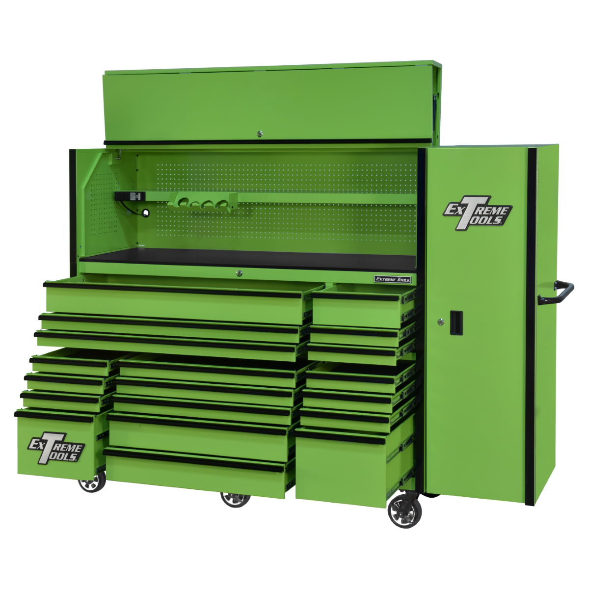 extreme-tools-RX-series-72inch-W-x-30inch-D-professional-extreme-power-workstation-hutch-19-drawer-roller-cabinet-250lbs-slides-and-19inch-3-drawer-side-locker-combo-green-w-black-Dr.png Extreme Tools RX Series 72" Workstation Combo – 19-Drawer Cabinet, Hutch & Side Locker (Green/Black) - Image 1