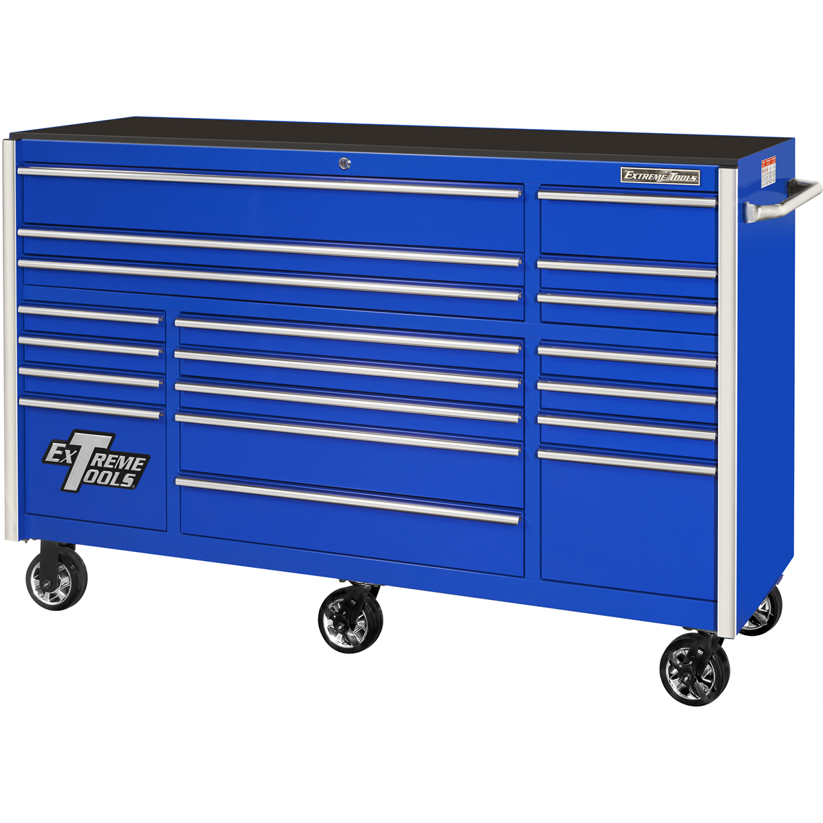 extreme-tools-RX-series-72inch-wide-x-25inch-long-19-drawer-triple-bank-roller-cabinet-150-pound-slides-bue-with-chrome-drawer-pulls-EXTRX722519RCBLCR-X.png Extreme Tools RX Series 72” W x 25'' L 19-Drawer Triple Bank Roller Cabinet – Blue with Chrome Drawer Pulls, Heavy-Duty Tool Chest (EXTRX722519RCBLCR-X) - Image 1