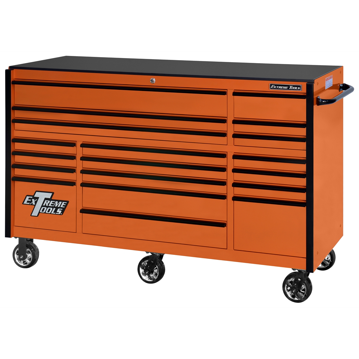 extreme-tools-RX-series-72inch-wide-x-25inch-long-19-drawer-triple-bank-roller-cabinet-150-pound-slides-orange-with-black-drawer-pulls-EXTRX722519RCORBK-X.png Extreme Tools RX Series 72” W x 25'' L 19-Drawer Roller Cabinet – Orange Tool Chest with Black Drawer Pulls, Heavy-Duty Storage (EXTRX722519RCORBK-X) - Image 1