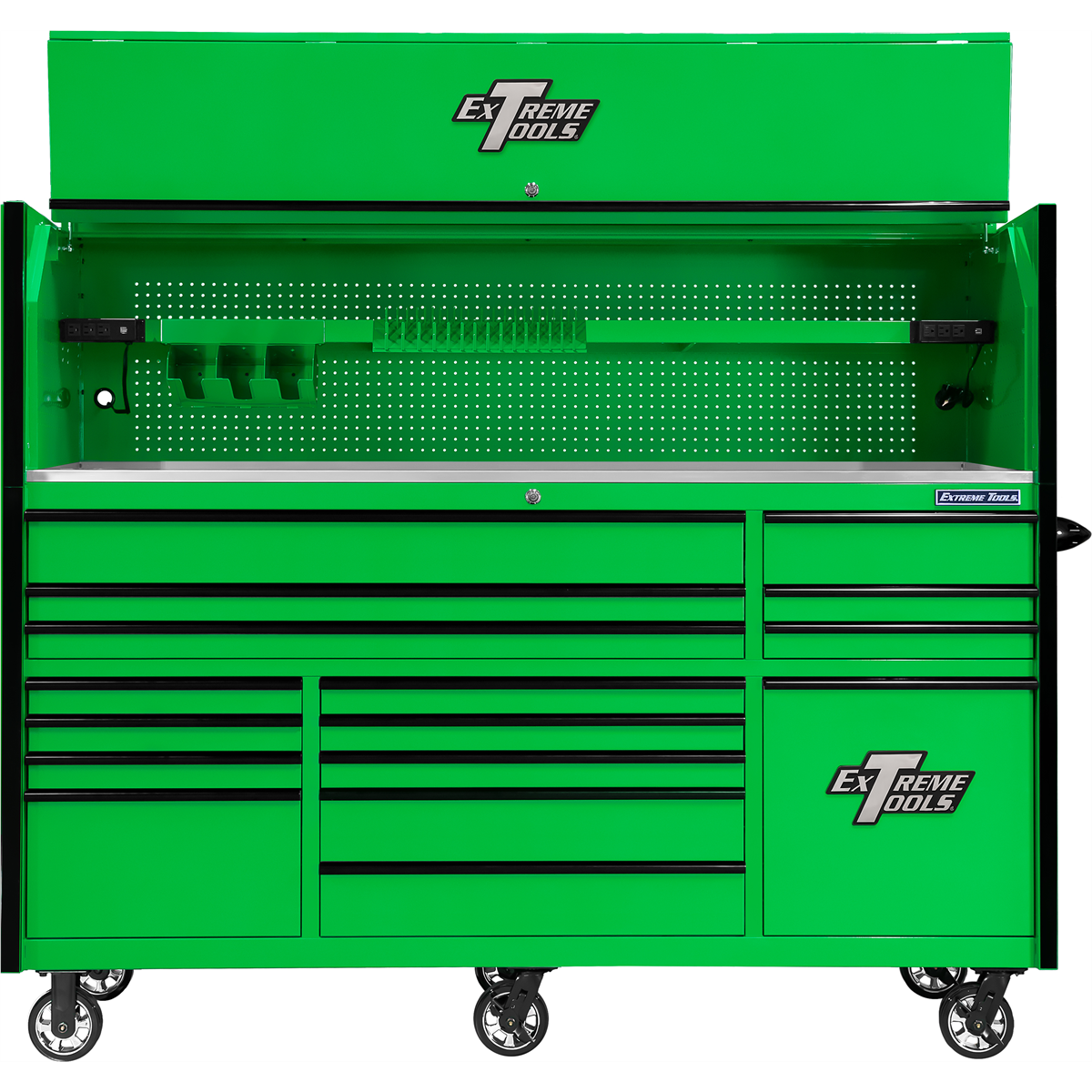 extreme-tools-RX-series-84in-W-x-30in-D-extreme-power-workstation-and-16-drawer-roller-cabinet-w-power-tool-drawer-combo-green-with-black-trim-EXTRXQ8417HRGK.png Extreme Tools RX Series 84" Extreme Workstation Combo – 16-Drawer Roller Cabinet w/ Power Tool Drawer (Green/Black Trim) EXTRXQ8417HRGK - Image 1
