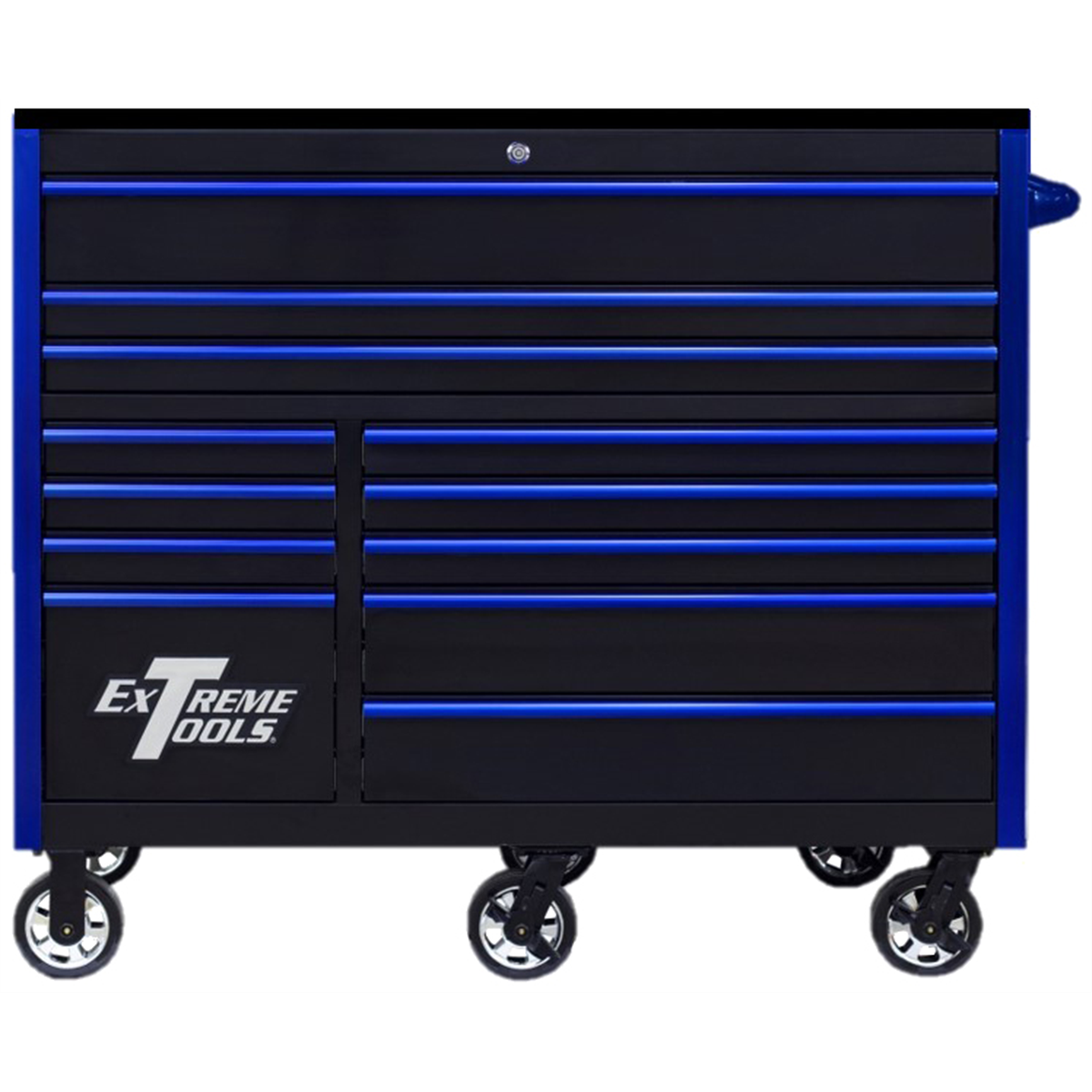 extreme-tools-RX-series-professional-55inch-W-x-25inch-D-12-drawer-roller-cabinet-150lbs-slides-black-blue-drawer-pulls-EXTRX552512RCBKBL-X.png Extreme Tools RX Series 55” W x 25'' D 12-Drawer Roller Cabinet Tool Box – 150 lb Slides, Heavy-Duty Steel, Black with Blue Drawer Pulls (EXTRX552512RCBKBL-X) - Image 1