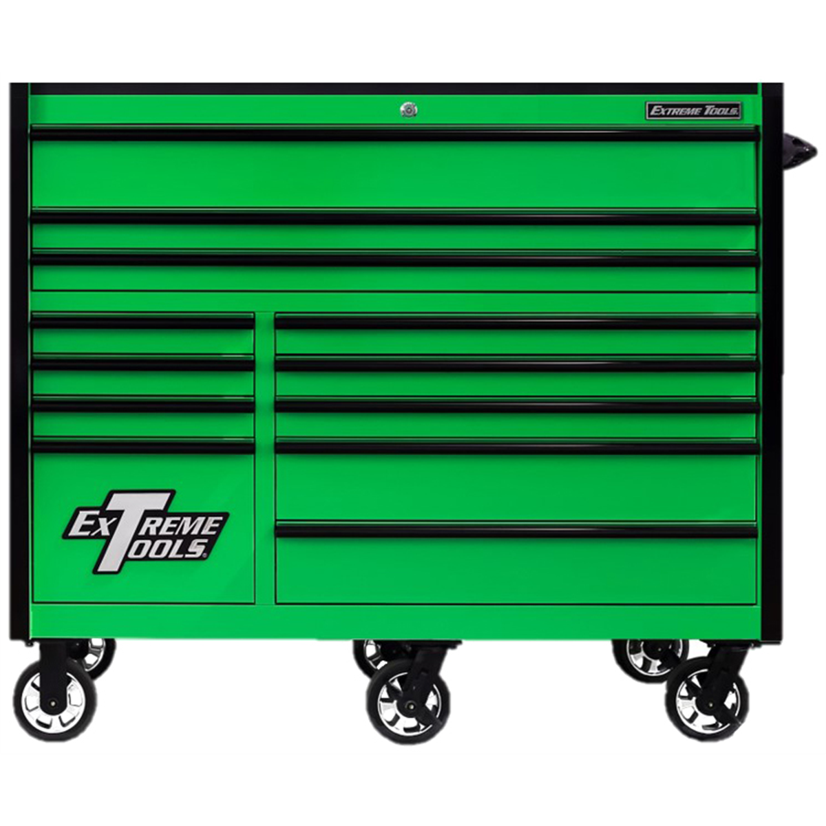 extreme-tools-RX-series-professional-55inch-W-x-25inch-D-12-drawer-roller-cabinet-150lbs-slides-black-green-drawer-pulls-EXTRX552512RCGNBK-X.png Extreme Tools RX Series 55” W x 25'' D 12-Drawer Roller Cabinet Tool Box – 150 lb Slides, Heavy-Duty Steel, Green with Black Drawer Pulls (EXTRX552512RCGNBK-X) - Image 1