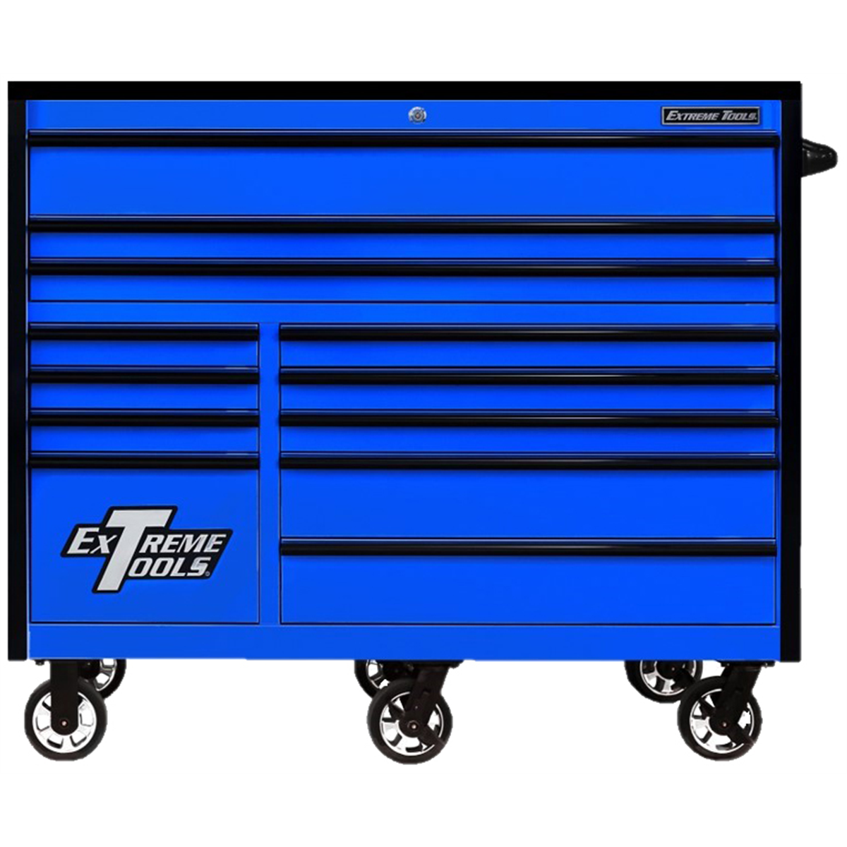 extreme-tools-RX-series-professional-55inch-W-x-25inch-D-12-drawer-roller-cabinet-150lbs-slides-blue-black-drawer-pulls-EXTRX552512RCBLBK-X.png Extreme Tools RX Series 55” W x 25'' D12-Drawer Roller Cabinet Tool Box – 150 lb Slides, Heavy-Duty Steel, Blue with Black Pulls (EXTRX552512RCBLBK-X) - Image 1