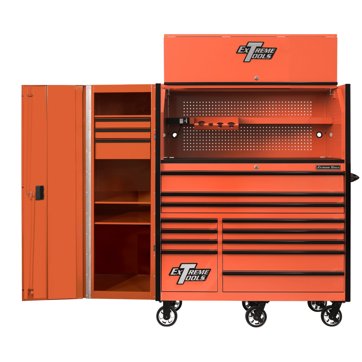 extreme-tools-RX-sries-55in-w-x-25in-D-professional-extreme-power-workstation-hutch-12-drawer-roller-cabinet-150lbs-slides-and-19in-3-drawer-side-locker-combo-orange-w-black-Dr-pulls.png Extreme Tools RX Series 55” Professional Tool Cabinet Combo – Hutch, 12-Drawer Roller Cabinet & 3-Drawer Side Locker (Orange/Black) EXTRX55HRSOK - Image 1