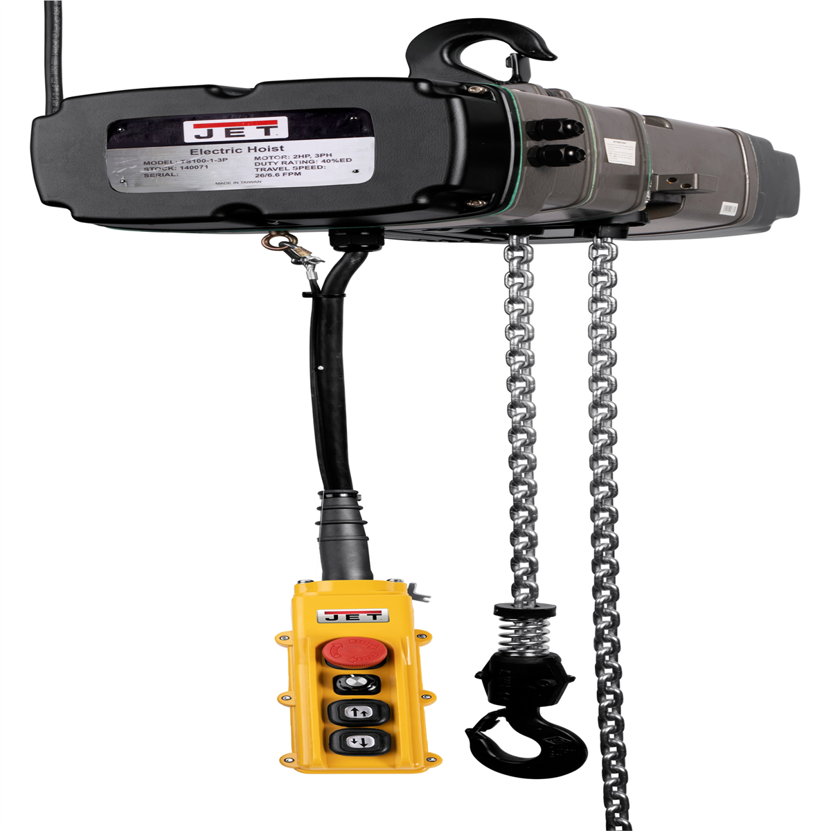 jet-tools-TS200-230-010-2T-electric-chain-hoist-10ft-Lift-3PH-JET140239-00.png Jet Tools TS200-230-010 2T Electric Chain Hoist 10' Lift 3PH JET140239 - Image 1