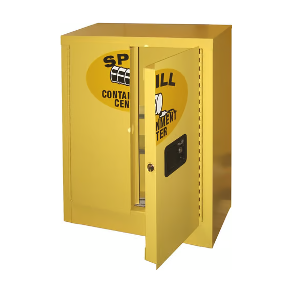 securall-6-cubic-feet-spill-containment-storage-cabinet-1-manual-door-self-latch-standard-door-SCC132.png Spill Containment Storage Cabinet | 6 Cubic Feet | 1 Manual Door | Securall - Image 1