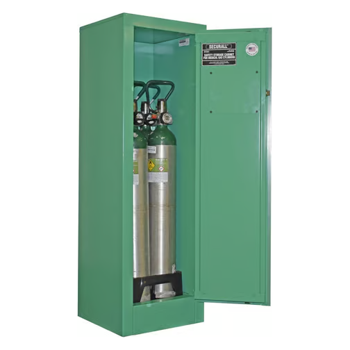 securall-self-latch-door-4-D-E-oxygen-cylinders-storage-cabinet-MG104E.png Medical Gas Cylider Storage Cabinet | 4 Capacity | D,E Oxygen | Self-Latch | Securall - Image 1