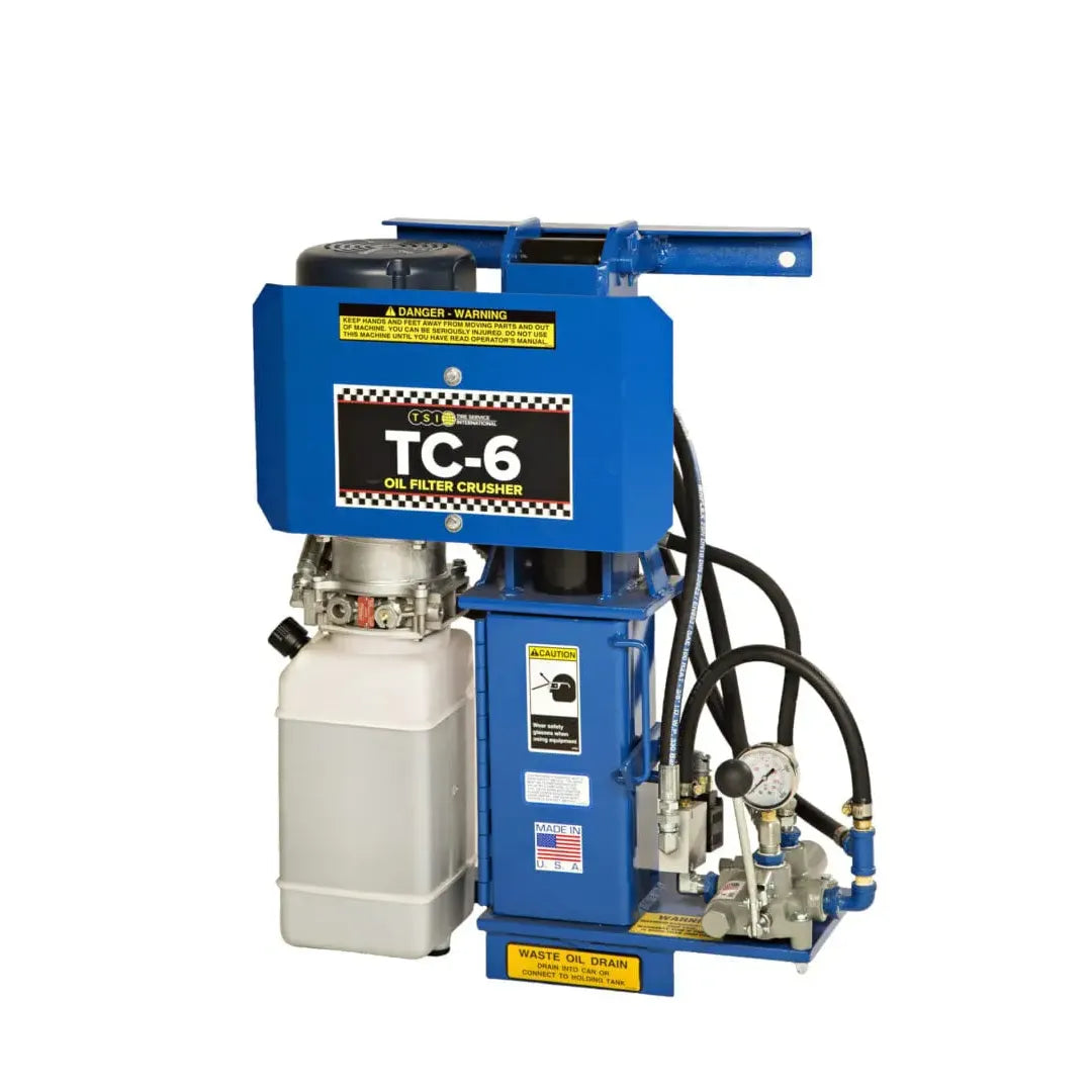 tire-service-international-TC-6-oil-filter-crusher-without-door-switch-0.jpg TSI TC‑6 Oil Filter Crusher without Door Switch – Electric‑Hydraulic Filter Crusher for Passenger & Light Truck Filters - Image 1