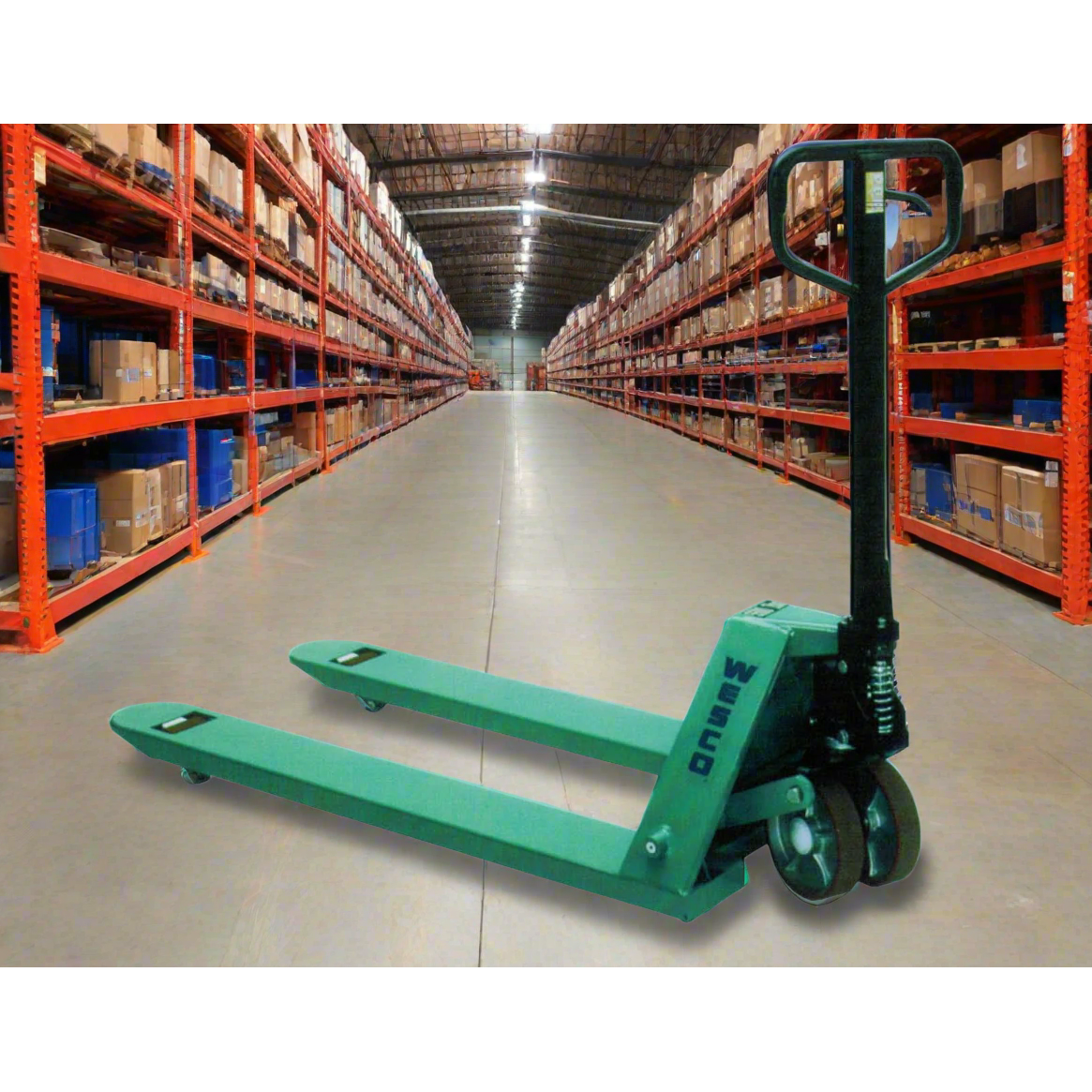 wesco-industrial-products-CPII-lowboy-pallet-truck-278748.png Wesco 278748 CPII Lowboy Pallet Truck – 4,400 lb Capacity, 27″ × 48″ Forks + Safety Guard - Image 1