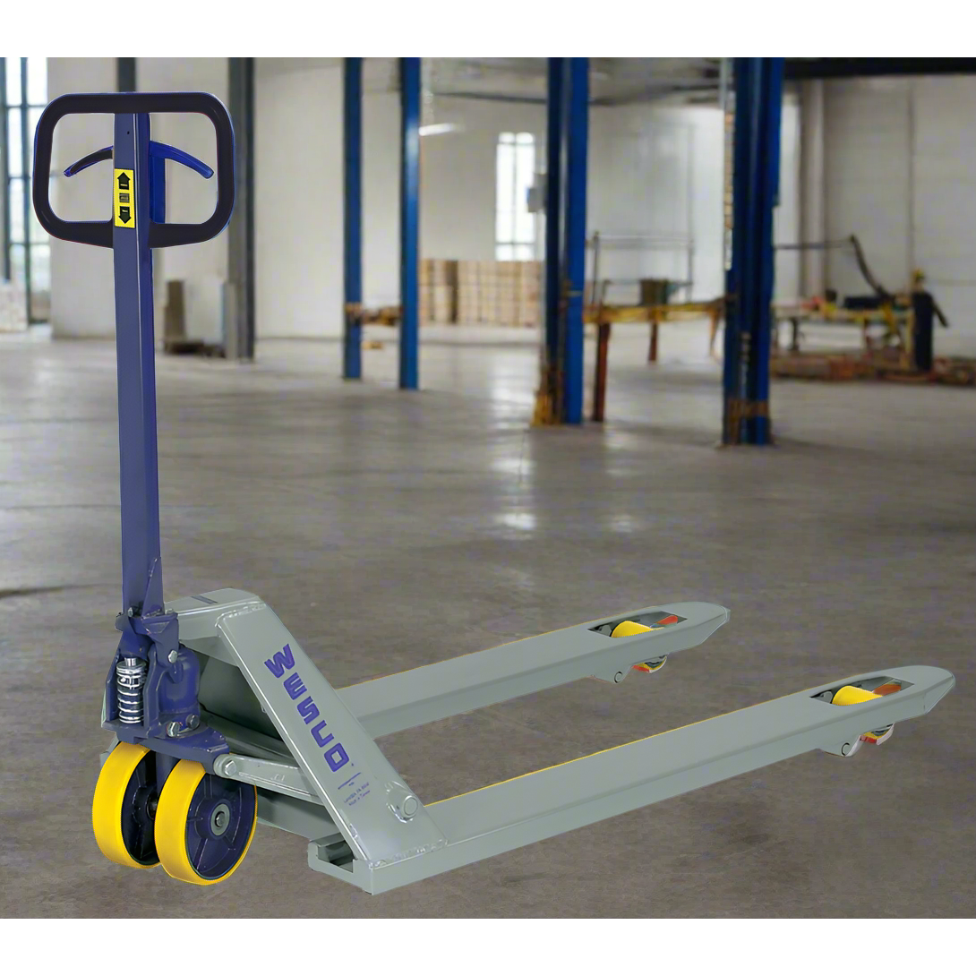 wesco-industrial-products-deluxe-lowboy-model-pallet-truck-272761.png Wesco 272761 Deluxe Lowboy Pallet Truck – 5,500 lb Capacity, 21″ × 42″ Forks - Image 1
