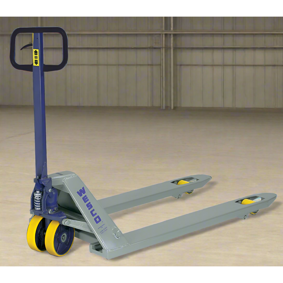 wesco-industrial-products-deluxe-lowboy-model-truck-272762.png Wesco 272762 Deluxe Lowboy Pallet Truck – 5,500 lb Capacity, 21″ × 48″ Reinforced Forks - Image 1