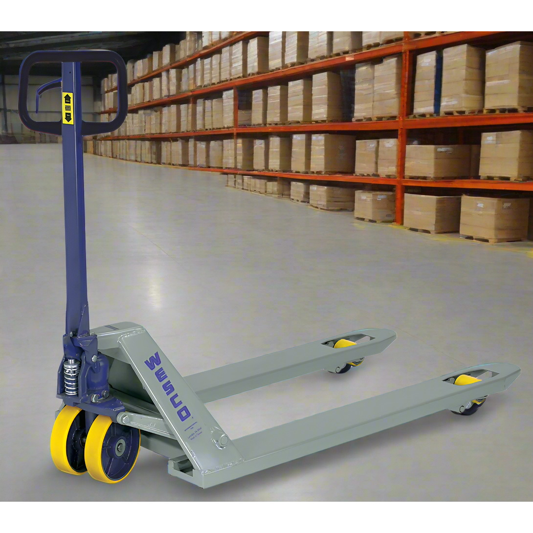 wesco-industrial-products-deluxe-lowboy-model-truck-272765.png Wesco 272765 Deluxe Lowboy Pallet Truck – 5,500 lb Capacity, 27″ × 48″ Forks - Image 1