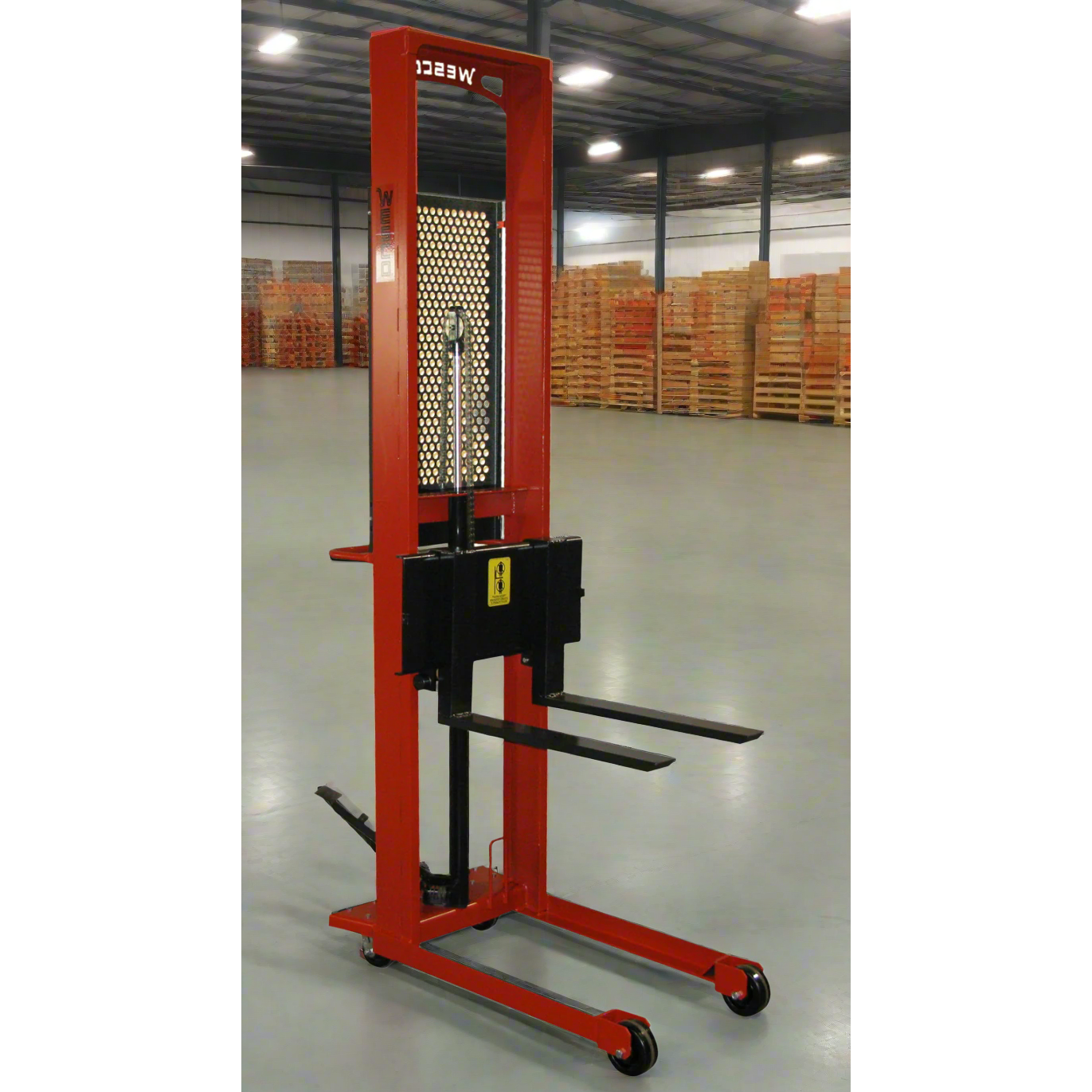 wesco-industrial-products-fork-stacker-model-260036.png Wesco 260036 Hydraulic Fork Stacker – 1,000 lb Capacity, 64″ Lift, 25″ Forks - Image 1