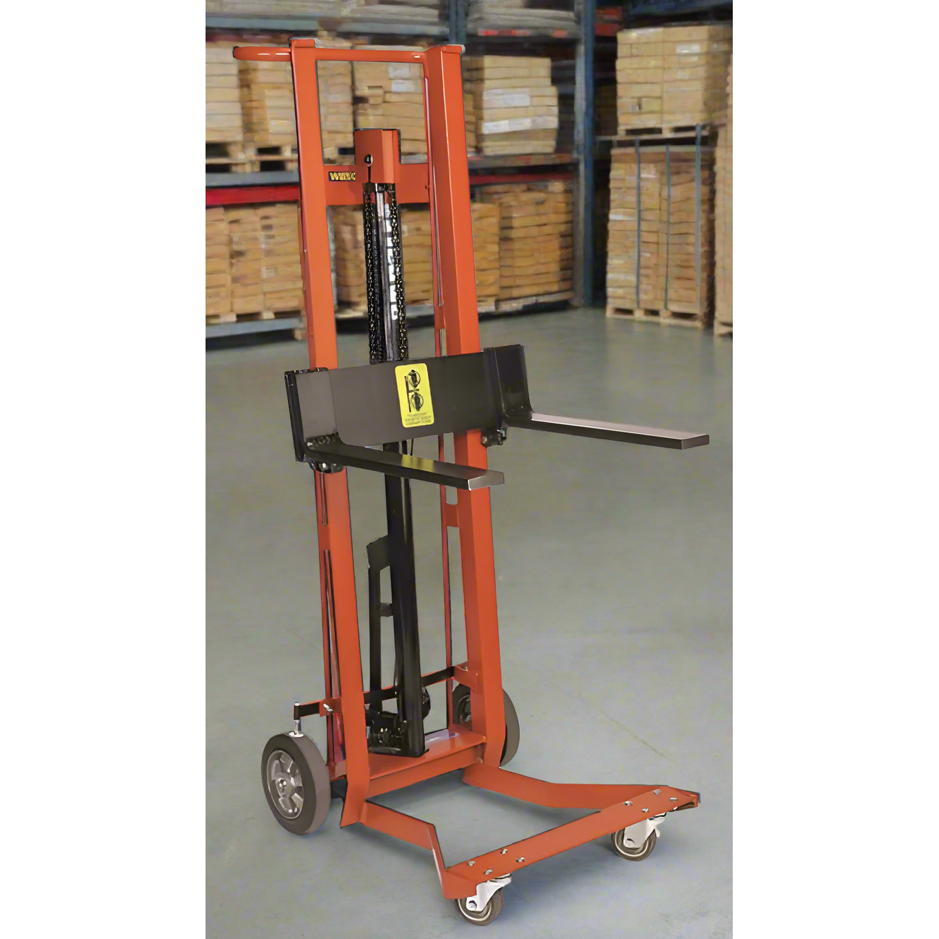 wesco-industrial-products-four-wheeled-hydraulic-model-260012.png Wesco DPL‑54‑F 4‑Wheel Hydraulic Pedalift – 750 lb, 3″×18″ Forks, 54″ Lift - Image 1