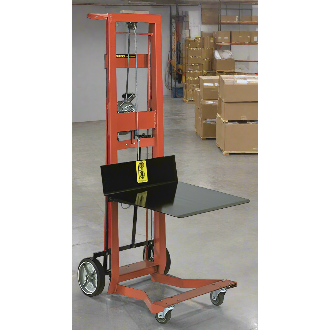 wesco-industrial-products-four-wheeled-winch-model-260020.png Wesco 260020 Four-Wheel Steel Winch Pedalift – 750 lb Capacity, 20″ × 16″ Platform, 40″ Lift - Image 1