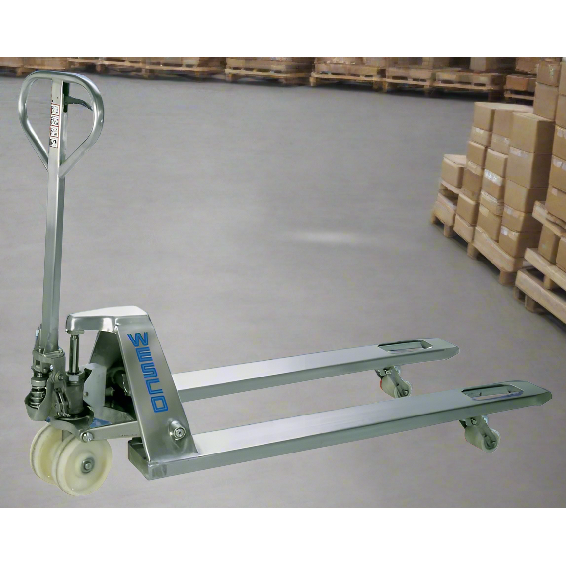 wesco-industrial-products-galvanized-palllet-truck-272855.png Wesco GPT Galvanized Steel Pallet Truck – 5,500 lb Capacity, 27″×48″ Forks (Part 272855) - Image 1