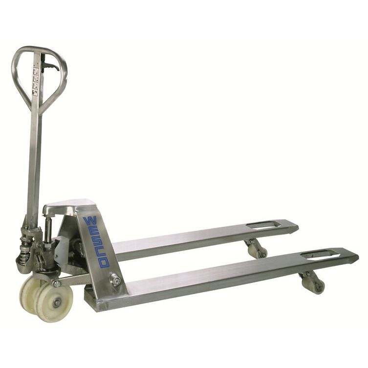 wesco-industrial-products-stainless-steel-pallet-truck-272152.jpg Wesco Stainless Steel Manual Pallet Jack – Chock & Backrest Guards | 5,500 lb Capacity | Model 272152-1 - Image 1