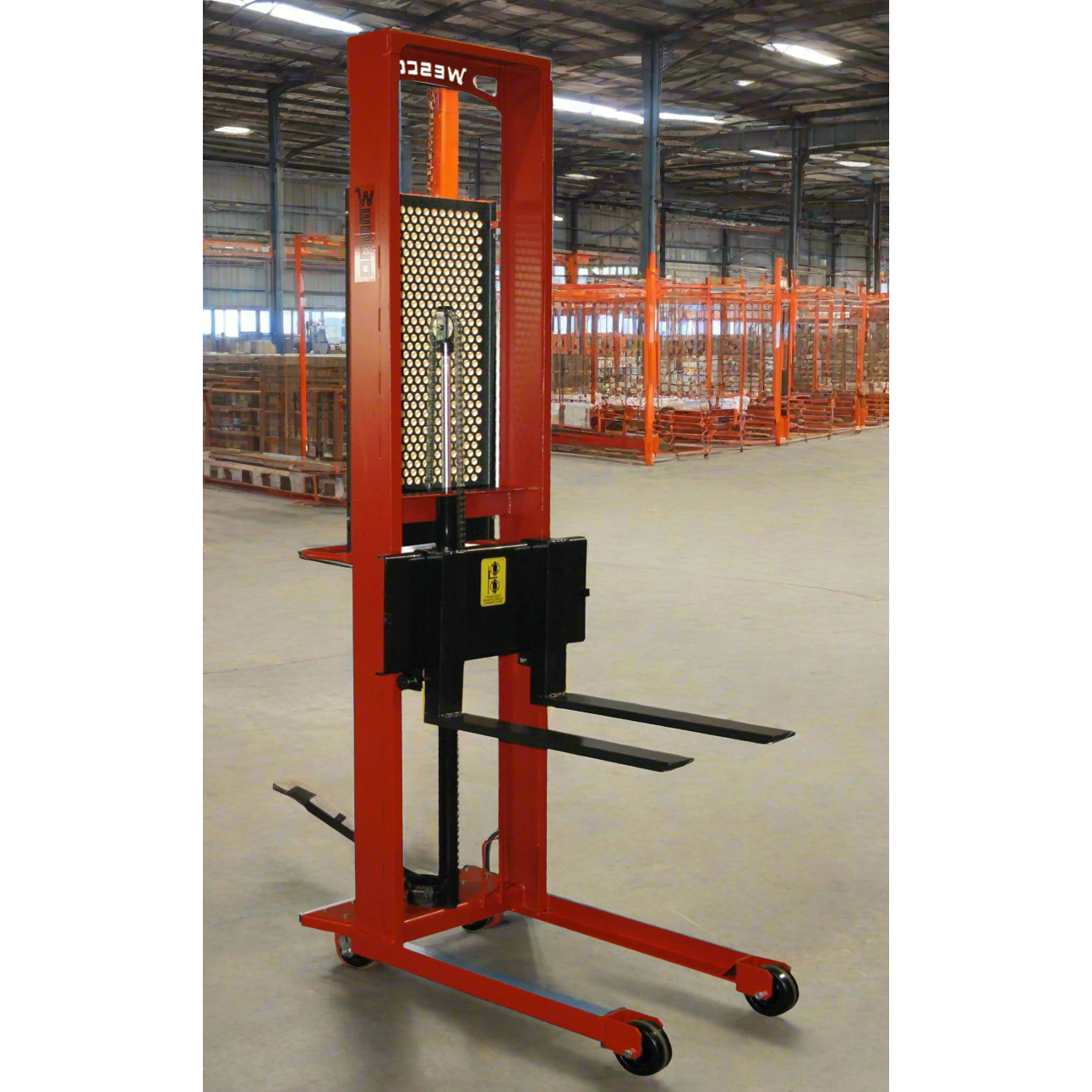 wesco-industrial-products-straddle-fork-stacker-model-260042.png Wesco 260042 Straddle Fork Stacker – 1,000 lb Capacity, 64″ Lift, 30″ Forks - Image 1