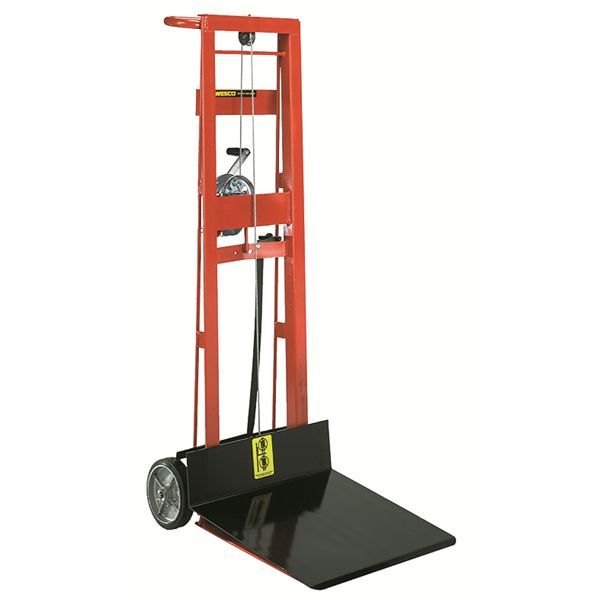 wesco-industrial-products-two-wheeled-winch-model-260015.jpg Wesco 260015 Two‑Wheel Winch Pedalift – 750 lb Capacity, 20″ × 16″ Platform, 40″ Lift - Image 1