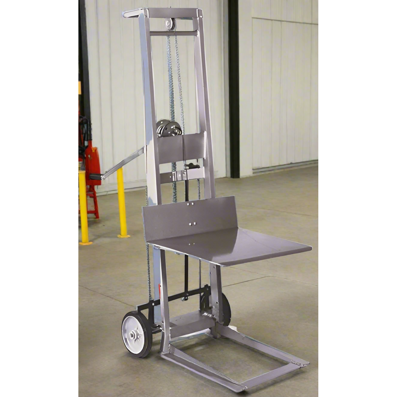 wesco-industrial-products-two-wheeled-winch-model-WMPL-54-2022260026.png Wesco 260026 Winch Pedalift – 400 lb Capacity, 54″ Lift, 22″×20″ Platform - Image 1